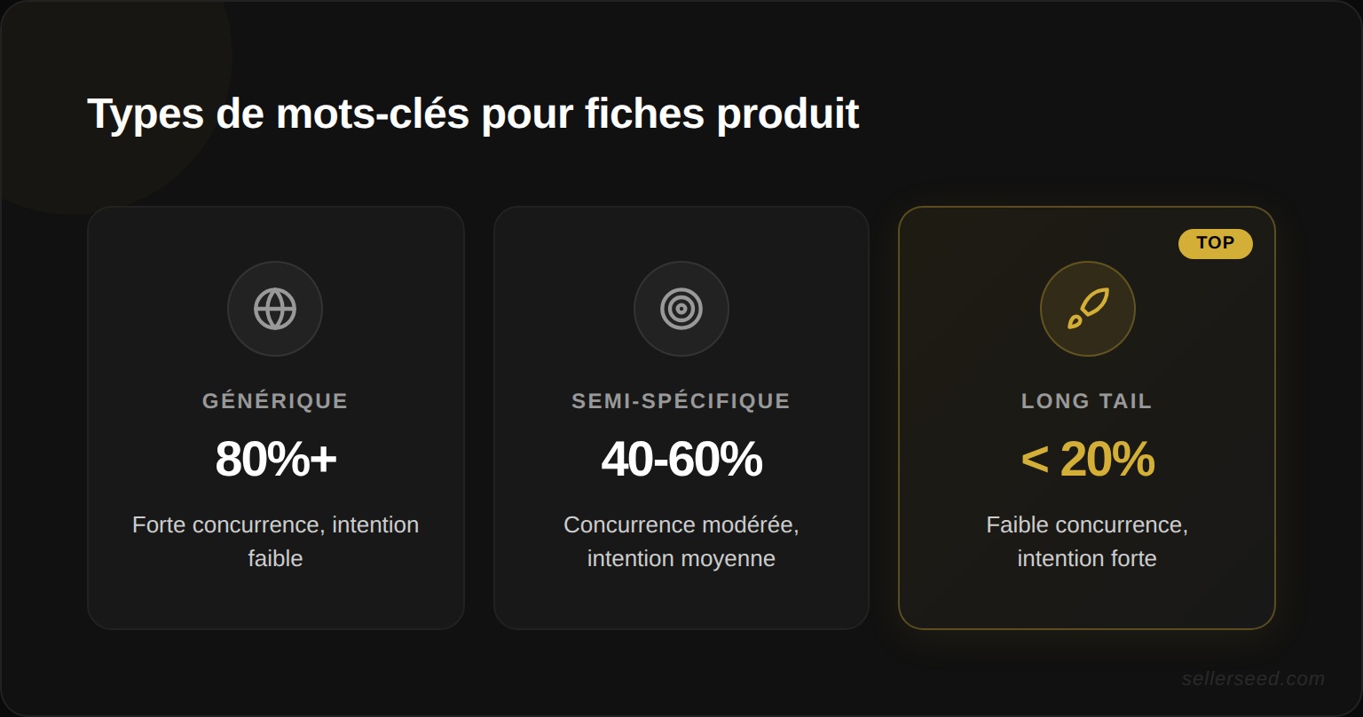 Comparaison des types de mots-clés pour fiches produit : générique, semi-spécifique et long tail avec leur niveau de concurrence et intention d'achat