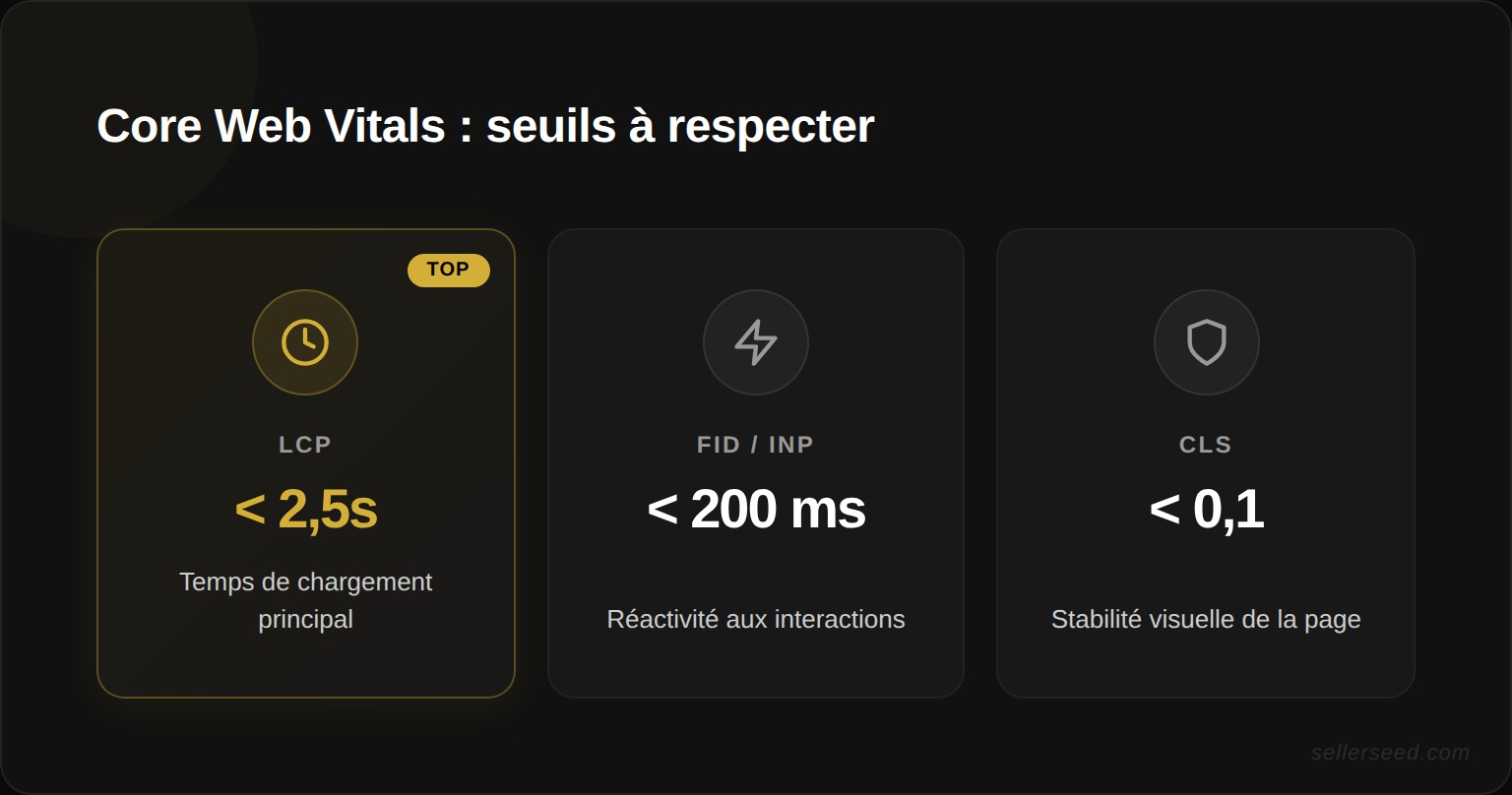 Les trois métriques Core Web Vitals à respecter : LCP inférieur à 2,5 secondes, FID/INP inférieur à 200 ms et CLS inférieur à 0,1 avec leurs seuils bon, à améliorer et mauvais