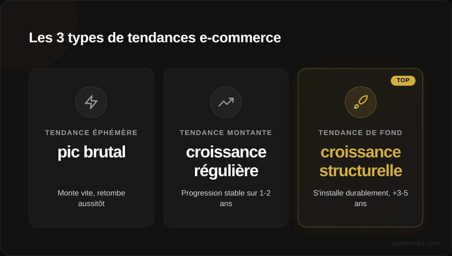 Les trois types de tendances e-commerce : éphémère (pic brutal puis chute), montante (croissance progressive) et tendance de fond (croissance structurelle sur plusieurs années)